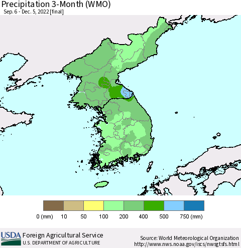 Korea Precipitation 3-Month (WMO) Thematic Map For 9/6/2022 - 12/5/2022