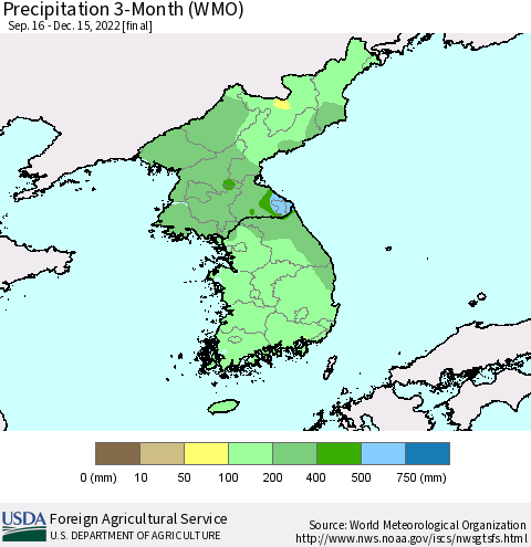 Korea Precipitation 3-Month (WMO) Thematic Map For 9/16/2022 - 12/15/2022