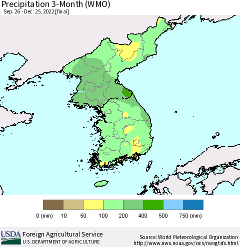 Korea Precipitation 3-Month (WMO) Thematic Map For 9/26/2022 - 12/25/2022