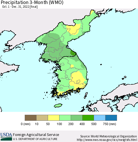 Korea Precipitation 3-Month (WMO) Thematic Map For 10/1/2022 - 12/31/2022