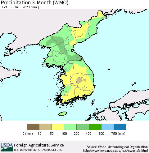 Korea Precipitation 3-Month (WMO) Thematic Map For 10/6/2022 - 1/5/2023