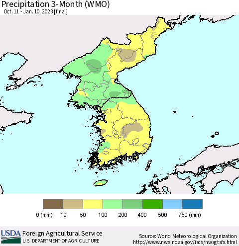 Korea Precipitation 3-Month (WMO) Thematic Map For 10/11/2022 - 1/10/2023