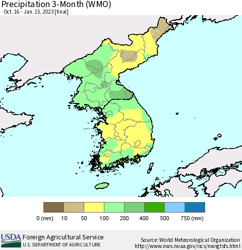 Korea Precipitation 3-Month (WMO) Thematic Map For 10/16/2022 - 1/15/2023