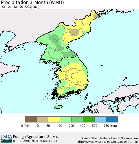 Korea Precipitation 3-Month (WMO) Thematic Map For 10/21/2022 - 1/20/2023