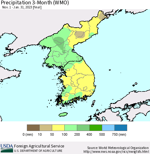 Korea Precipitation 3-Month (WMO) Thematic Map For 11/1/2022 - 1/31/2023