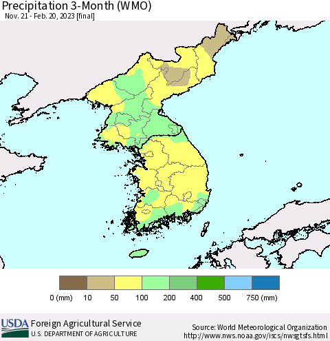 Korea Precipitation 3-Month (WMO) Thematic Map For 11/21/2022 - 2/20/2023