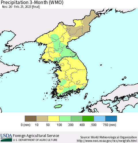 Korea Precipitation 3-Month (WMO) Thematic Map For 11/26/2022 - 2/25/2023