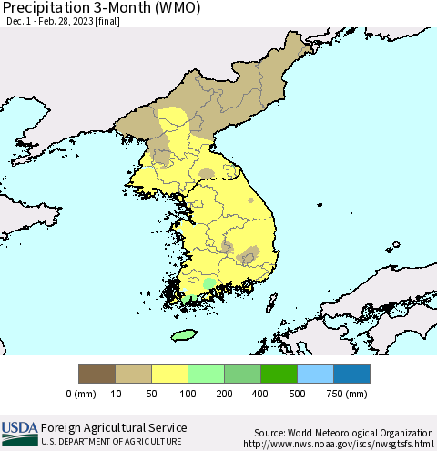Korea Precipitation 3-Month (WMO) Thematic Map For 12/1/2022 - 2/28/2023