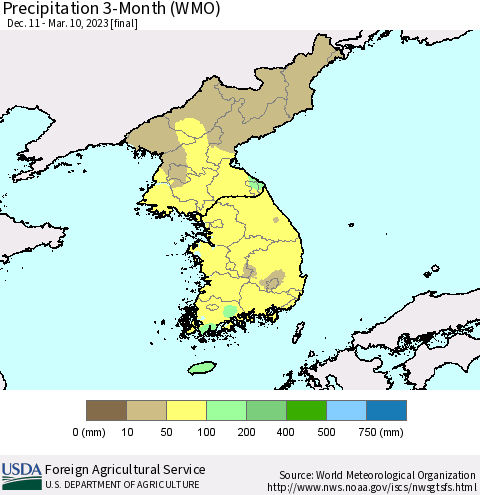 Korea Precipitation 3-Month (WMO) Thematic Map For 12/11/2022 - 3/10/2023