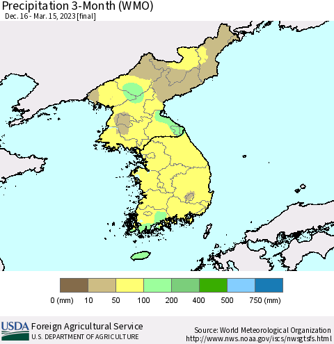 Korea Precipitation 3-Month (WMO) Thematic Map For 12/16/2022 - 3/15/2023