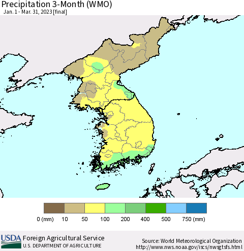 Korea Precipitation 3-Month (WMO) Thematic Map For 1/1/2023 - 3/31/2023