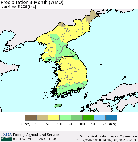 Korea Precipitation 3-Month (WMO) Thematic Map For 1/6/2023 - 4/5/2023