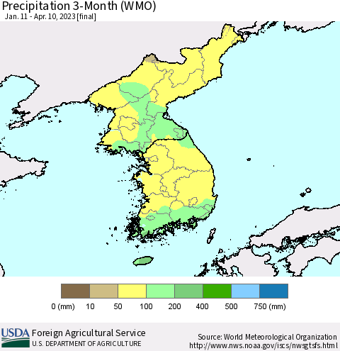 Korea Precipitation 3-Month (WMO) Thematic Map For 1/11/2023 - 4/10/2023