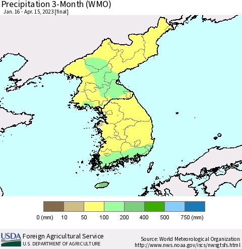 Korea Precipitation 3-Month (WMO) Thematic Map For 1/16/2023 - 4/15/2023