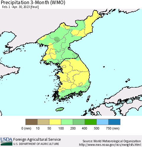 Korea Precipitation 3-Month (WMO) Thematic Map For 2/1/2023 - 4/30/2023
