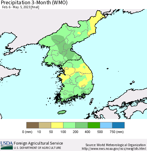 Korea Precipitation 3-Month (WMO) Thematic Map For 2/6/2023 - 5/5/2023