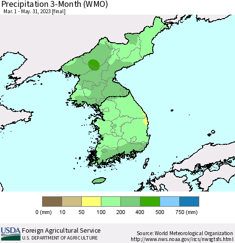 Korea Precipitation 3-Month (WMO) Thematic Map For 3/1/2023 - 5/31/2023