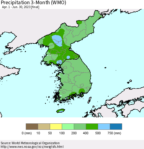 Korea Precipitation 3-Month (WMO) Thematic Map For 4/1/2023 - 6/30/2023