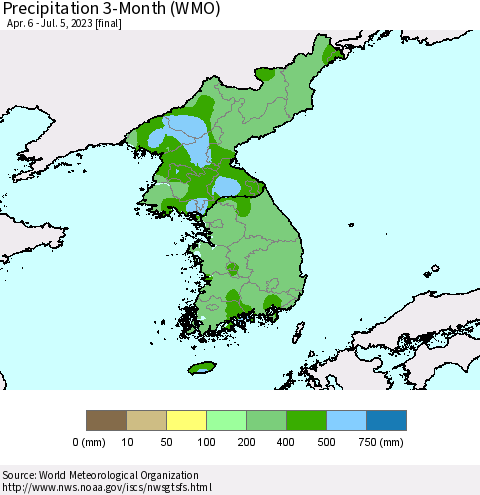 Korea Precipitation 3-Month (WMO) Thematic Map For 4/6/2023 - 7/5/2023