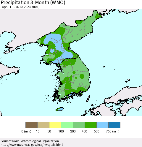 Korea Precipitation 3-Month (WMO) Thematic Map For 4/11/2023 - 7/10/2023