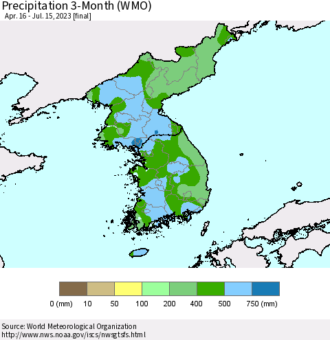 Korea Precipitation 3-Month (WMO) Thematic Map For 4/16/2023 - 7/15/2023