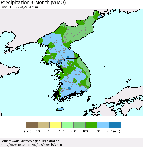 Korea Precipitation 3-Month (WMO) Thematic Map For 4/21/2023 - 7/20/2023