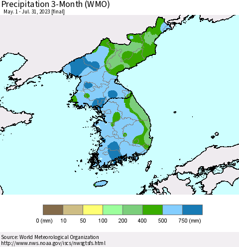 Korea Precipitation 3-Month (WMO) Thematic Map For 5/1/2023 - 7/31/2023