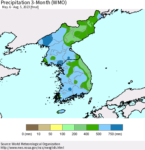 Korea Precipitation 3-Month (WMO) Thematic Map For 5/6/2023 - 8/5/2023