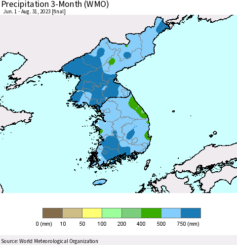 Korea Precipitation 3-Month (WMO) Thematic Map For 6/1/2023 - 8/31/2023