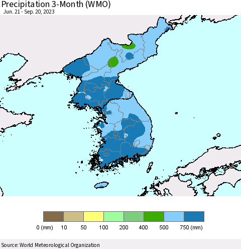 Korea Precipitation 3-Month (WMO) Thematic Map For 6/21/2023 - 9/20/2023