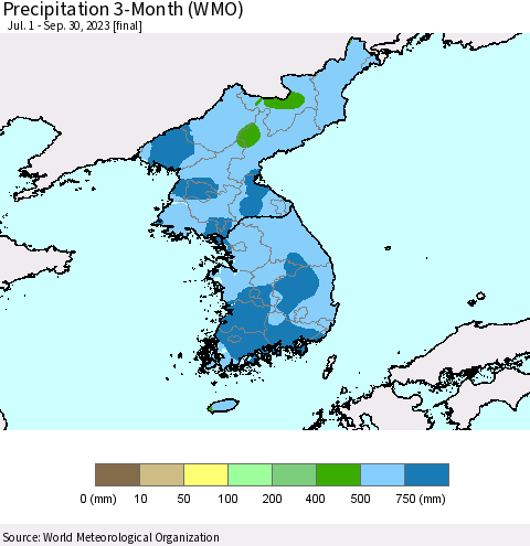 Korea Precipitation 3-Month (WMO) Thematic Map For 7/1/2023 - 9/30/2023