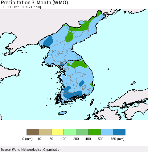 Korea Precipitation 3-Month (WMO) Thematic Map For 7/11/2023 - 10/10/2023