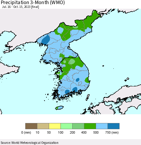 Korea Precipitation 3-Month (WMO) Thematic Map For 7/16/2023 - 10/15/2023
