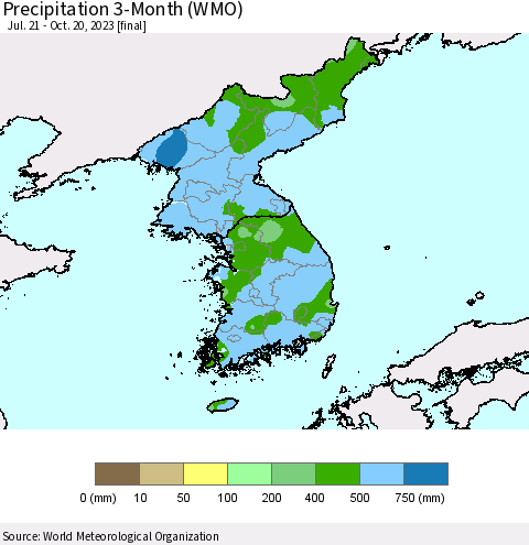 Korea Precipitation 3-Month (WMO) Thematic Map For 7/21/2023 - 10/20/2023