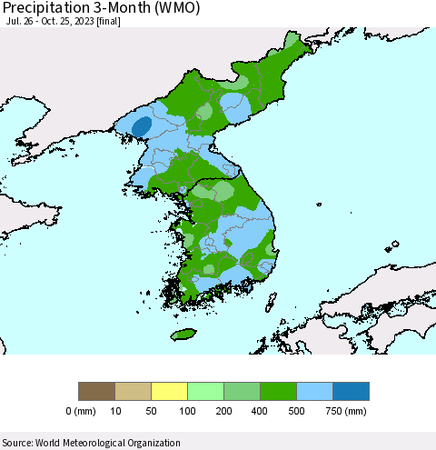 Korea Precipitation 3-Month (WMO) Thematic Map For 7/26/2023 - 10/25/2023