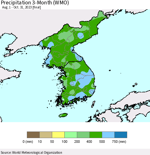 Korea Precipitation 3-Month (WMO) Thematic Map For 8/1/2023 - 10/31/2023