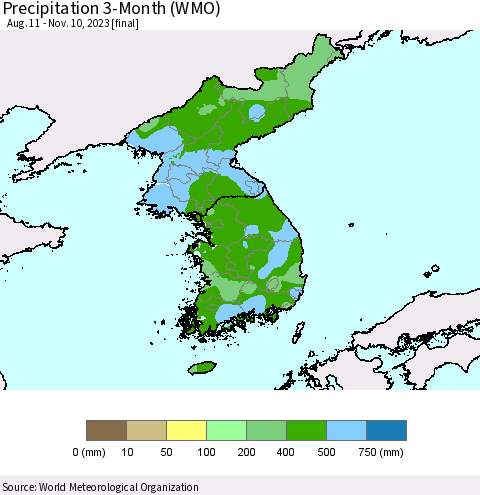 Korea Precipitation 3-Month (WMO) Thematic Map For 8/11/2023 - 11/10/2023