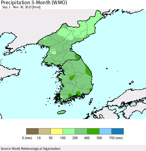 Korea Precipitation 3-Month (WMO) Thematic Map For 9/1/2023 - 11/30/2023