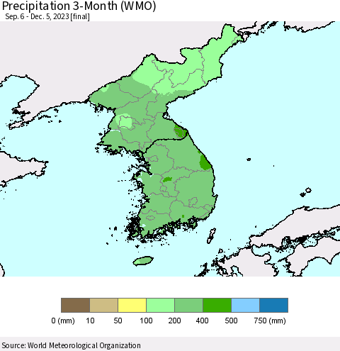 Korea Precipitation 3-Month (WMO) Thematic Map For 9/6/2023 - 12/5/2023