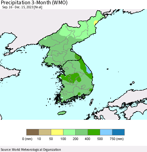 Korea Precipitation 3-Month (WMO) Thematic Map For 9/16/2023 - 12/15/2023