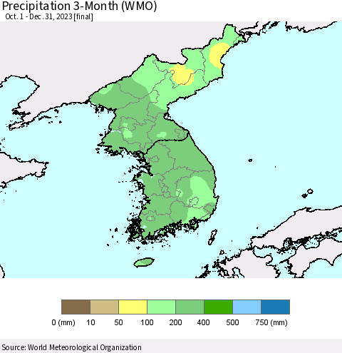Korea Precipitation 3-Month (WMO) Thematic Map For 10/1/2023 - 12/31/2023