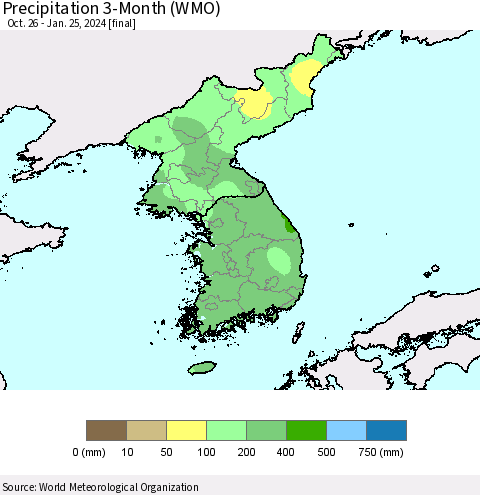 Korea Precipitation 3-Month (WMO) Thematic Map For 10/26/2023 - 1/25/2024