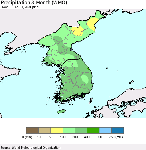Korea Precipitation 3-Month (WMO) Thematic Map For 11/1/2023 - 1/31/2024
