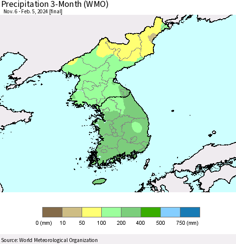 Korea Precipitation 3-Month (WMO) Thematic Map For 11/6/2023 - 2/5/2024