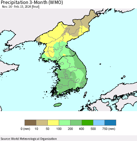 Korea Precipitation 3-Month (WMO) Thematic Map For 11/16/2023 - 2/15/2024