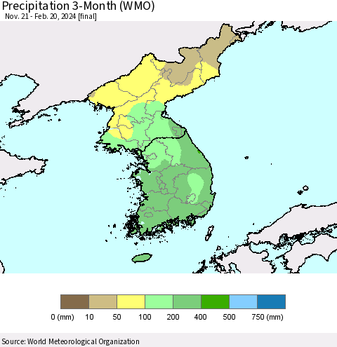 Korea Precipitation 3-Month (WMO) Thematic Map For 11/21/2023 - 2/20/2024