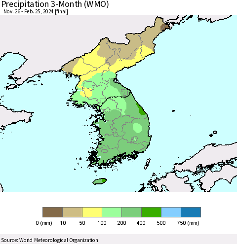 Korea Precipitation 3-Month (WMO) Thematic Map For 11/26/2023 - 2/25/2024