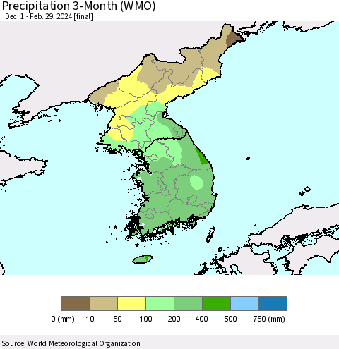 Korea Precipitation 3-Month (WMO) Thematic Map For 12/1/2023 - 2/29/2024