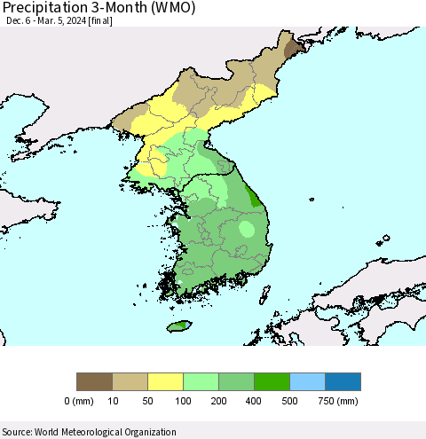 Korea Precipitation 3-Month (WMO) Thematic Map For 12/6/2023 - 3/5/2024