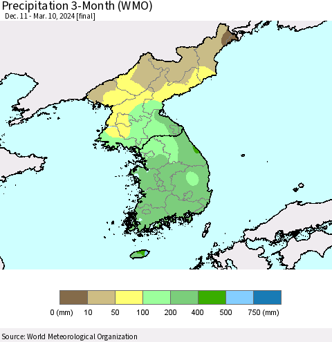 Korea Precipitation 3-Month (WMO) Thematic Map For 12/11/2023 - 3/10/2024